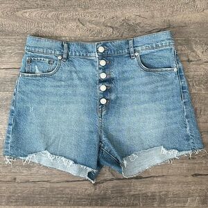 Loft Button Front High Rise Destructed Cut Off Denim Shorts Size 29